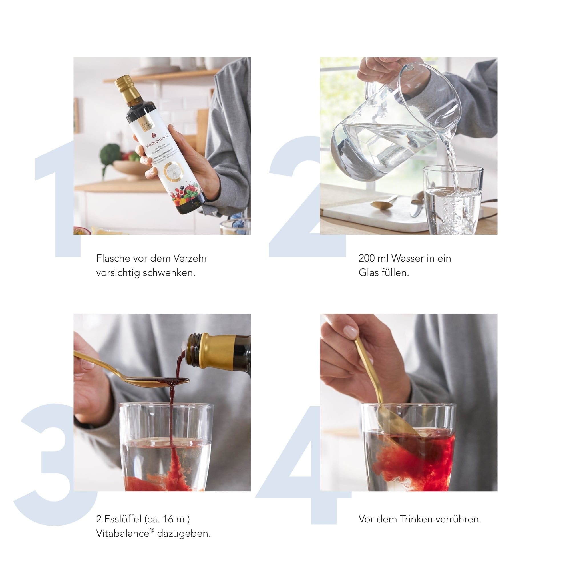 Anleitung zur Zubereitung von Vitabalance®: Flasche schwenken, Wasser in Glas, Produkt zugeben, verrühren.