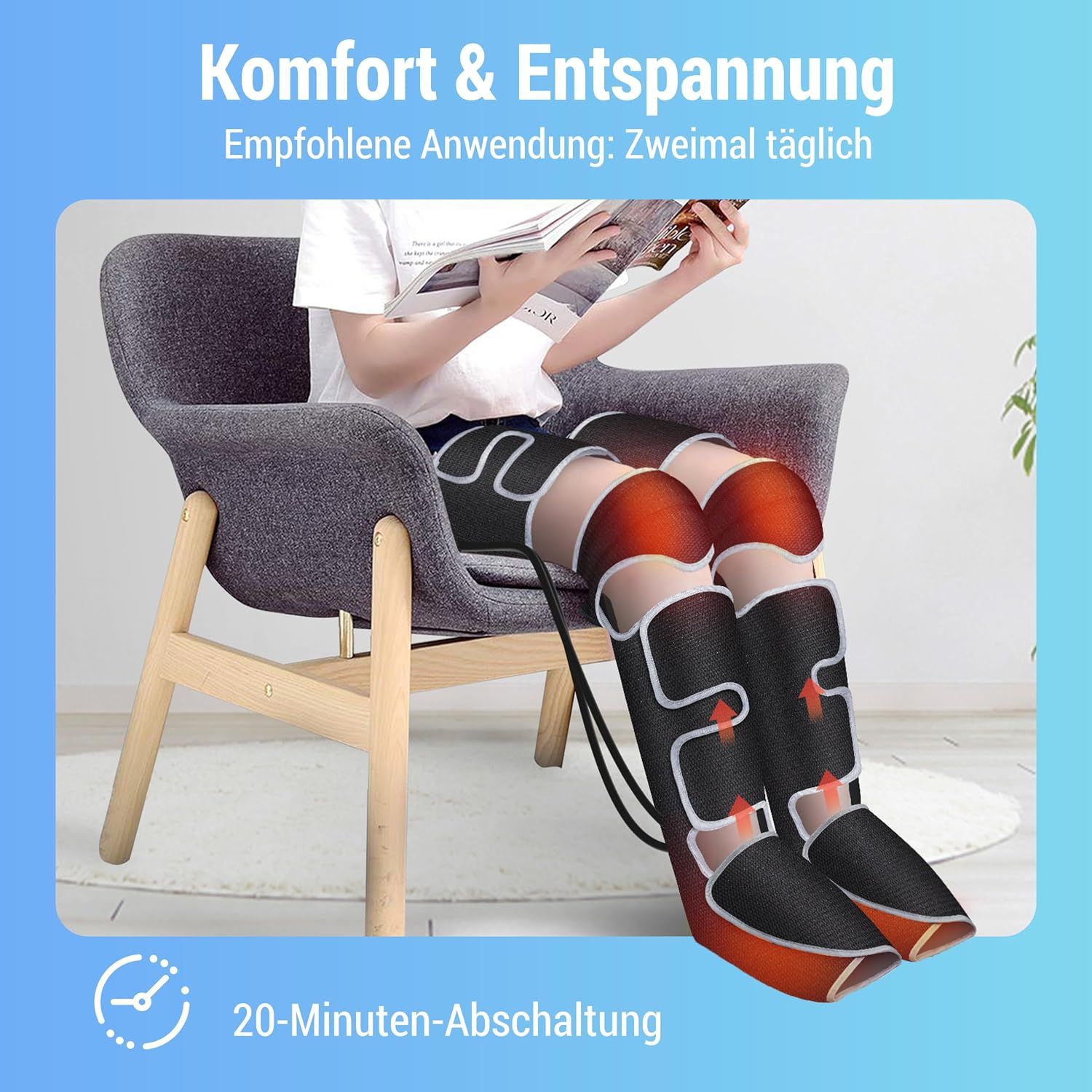 Handmassagegerät mit abnehmbaren Aufsätzen, Netzteil und Anleitung. Maße: 38,1 cm Länge, 9,4 cm Höhe, 14 cm Breite.