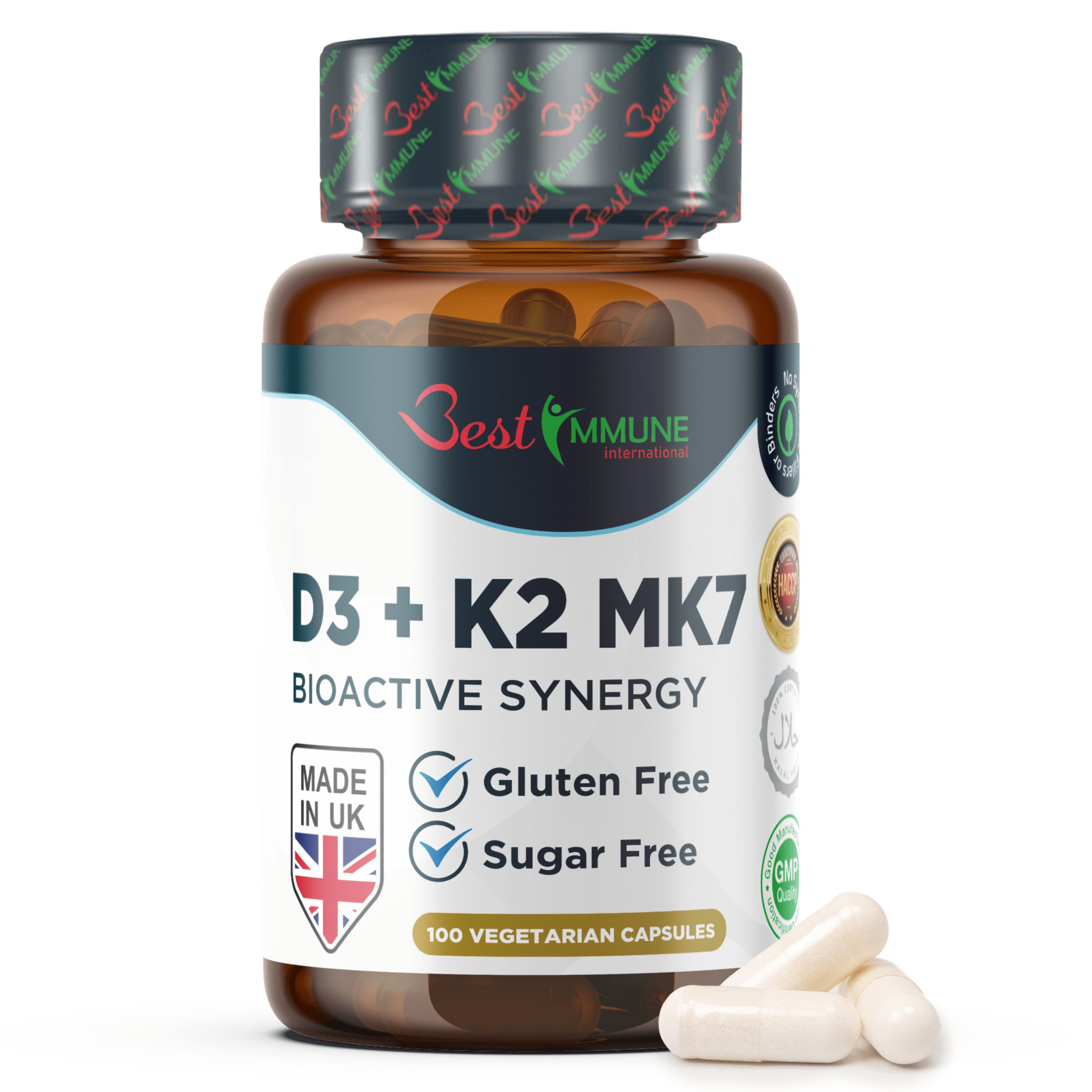 Flasche Best Immune D3 + K2 MK7 mit Aufkleber 'Made in UK', 'Gluten Free', 'Sugar Free'.