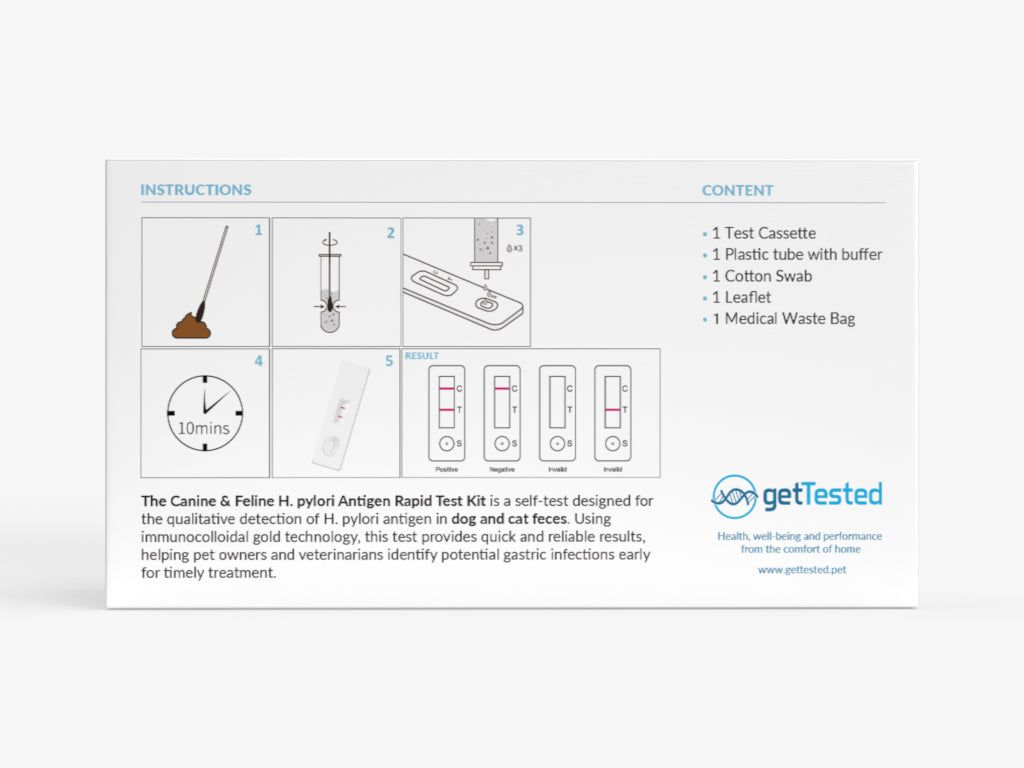 Verpackung mit Abbildungen und Inhaltsangabe. Enthält Testkassette, Röhrchen, Wattestäbchen, Beipackzettel und medizinischen Abfallbeutel.