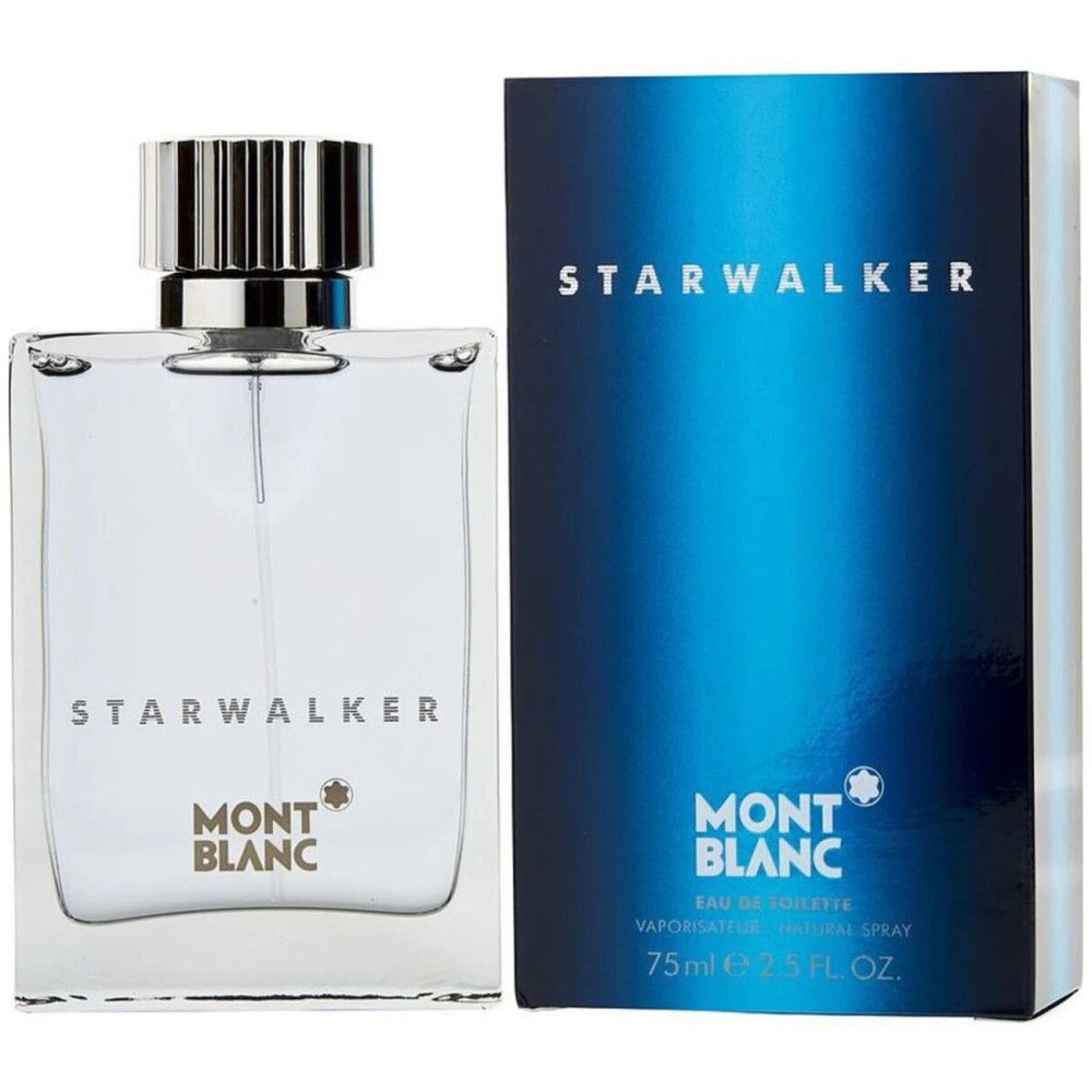 Montblanc Starwalker Eau de Toilette Flakon und Verpackung. Rechteckiger Glasflakon mit silbernem Verschluss. Blaue Verpackung mit Logo.