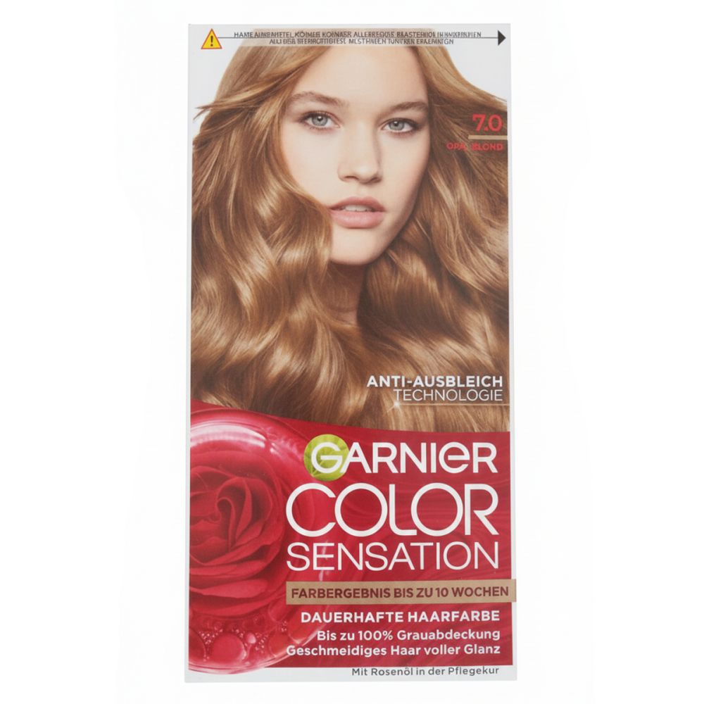 Garnier Color Sensation Haarfarbe. Verpackung mit Abbildung einer Frau mit blonden Haaren. Produktinformationen und Logo.