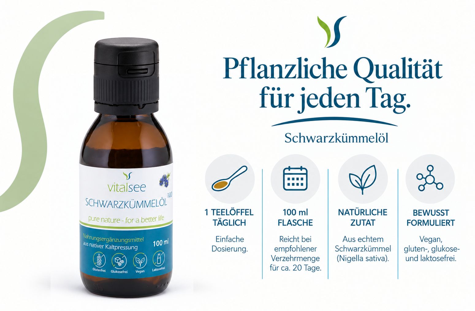 Flasche mit 100 ml Schwarzkümmelöl. Natürliche Zutat, vegan, gluten- und laktosefrei.