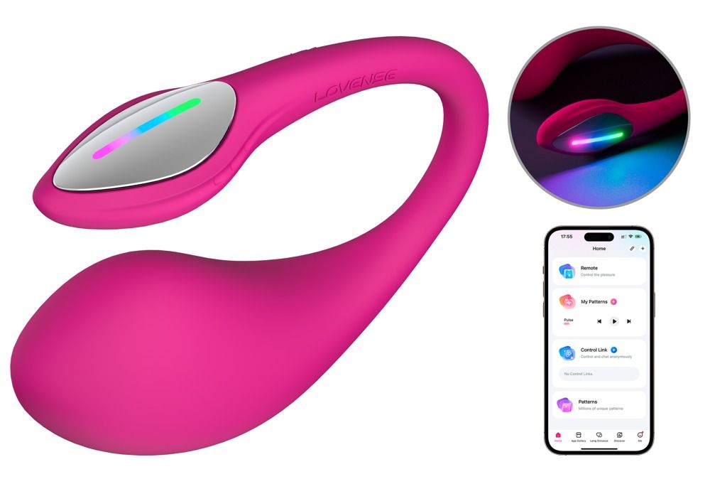 Pinker G-Punkt-Vibrator mit gebogenem Design und beleuchtetem Bedienfeld. Smartphone-App daneben.