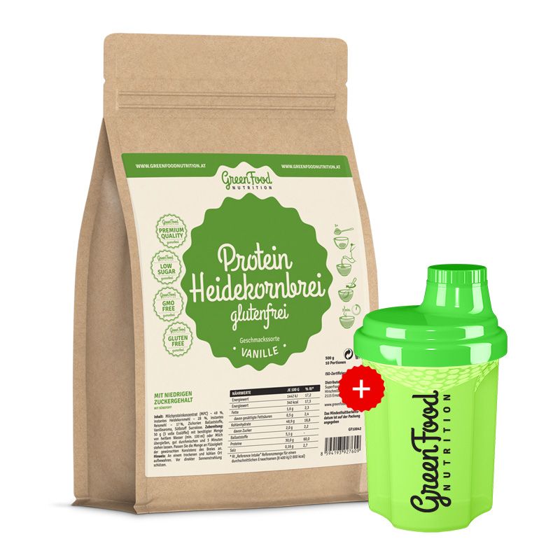 Beutel mit Protein Heidekornbrei glutenfrei, Vanille. Daneben ein grüner Shaker mit Logo. Aufdrucke: GreenFood Nutrition.
