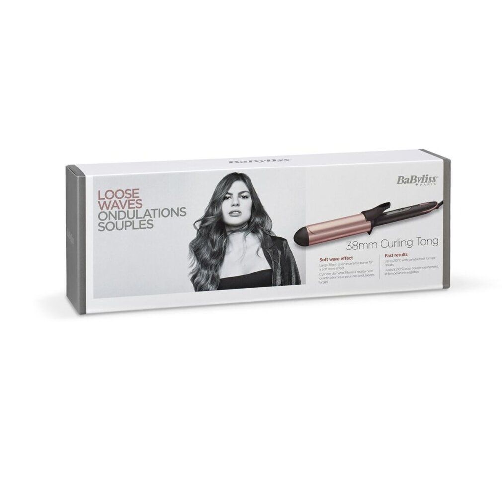 BaByliss Lockenstab mit roségoldfarbenem Lockenstab und schwarzem Griff, in Verpackung. Aufschrift: 38mm Curling Tong.