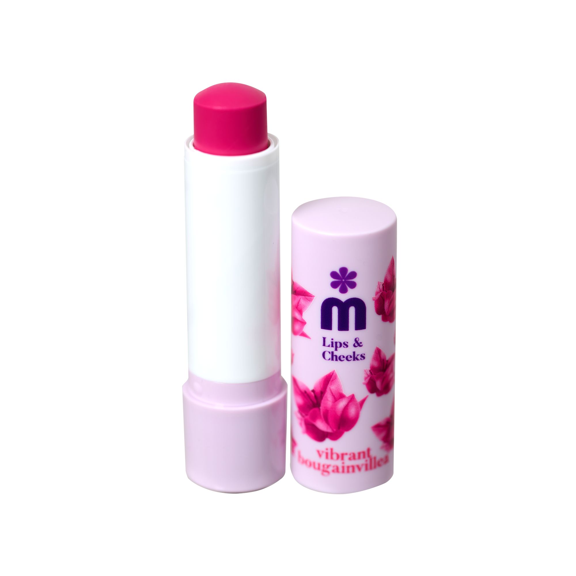 Lippenbalsam mit pinkfarbener Spitze und weißem Gehäuse. Der Deckel ist rosa mit Logo und Schriftzug.
