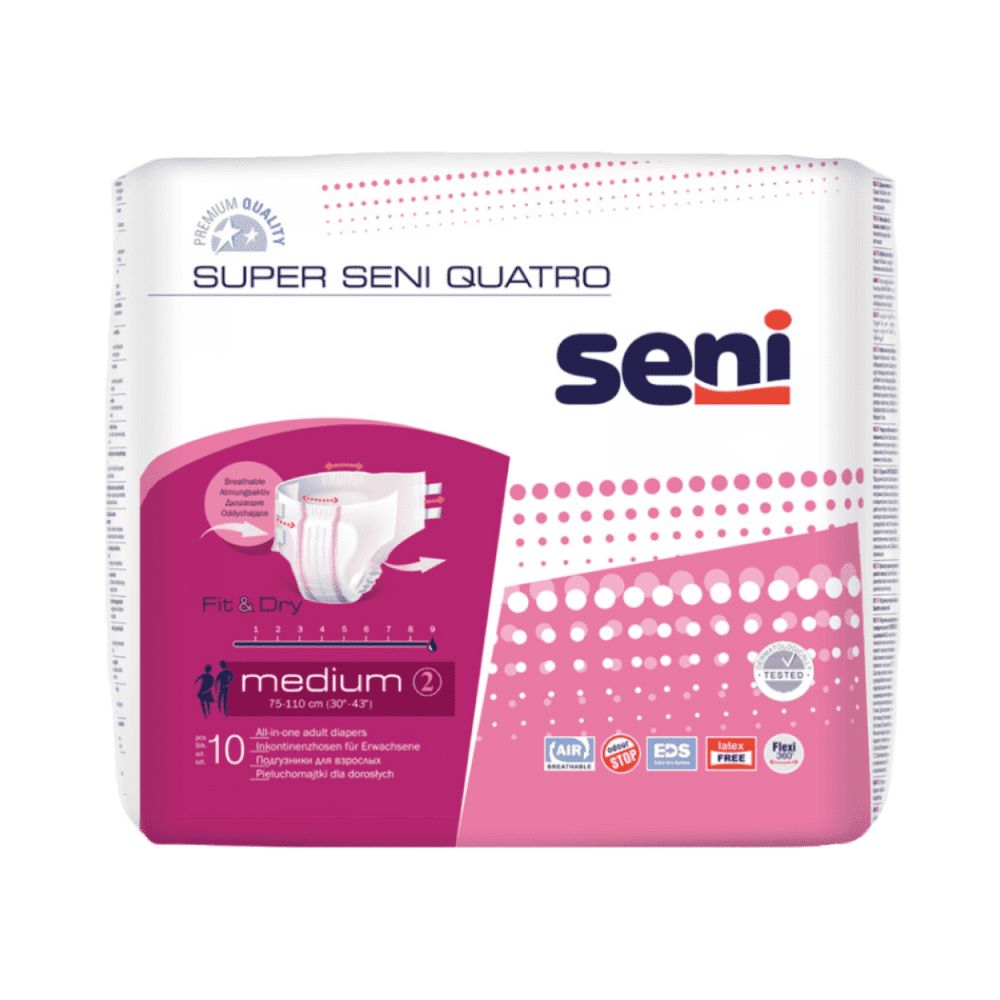 Verpackung Super Seni Quatro Inkontinenzhosen. Rosa-weißes Design. Produktabbildung. Größe Medium, 10 Stück. Marke Seni.