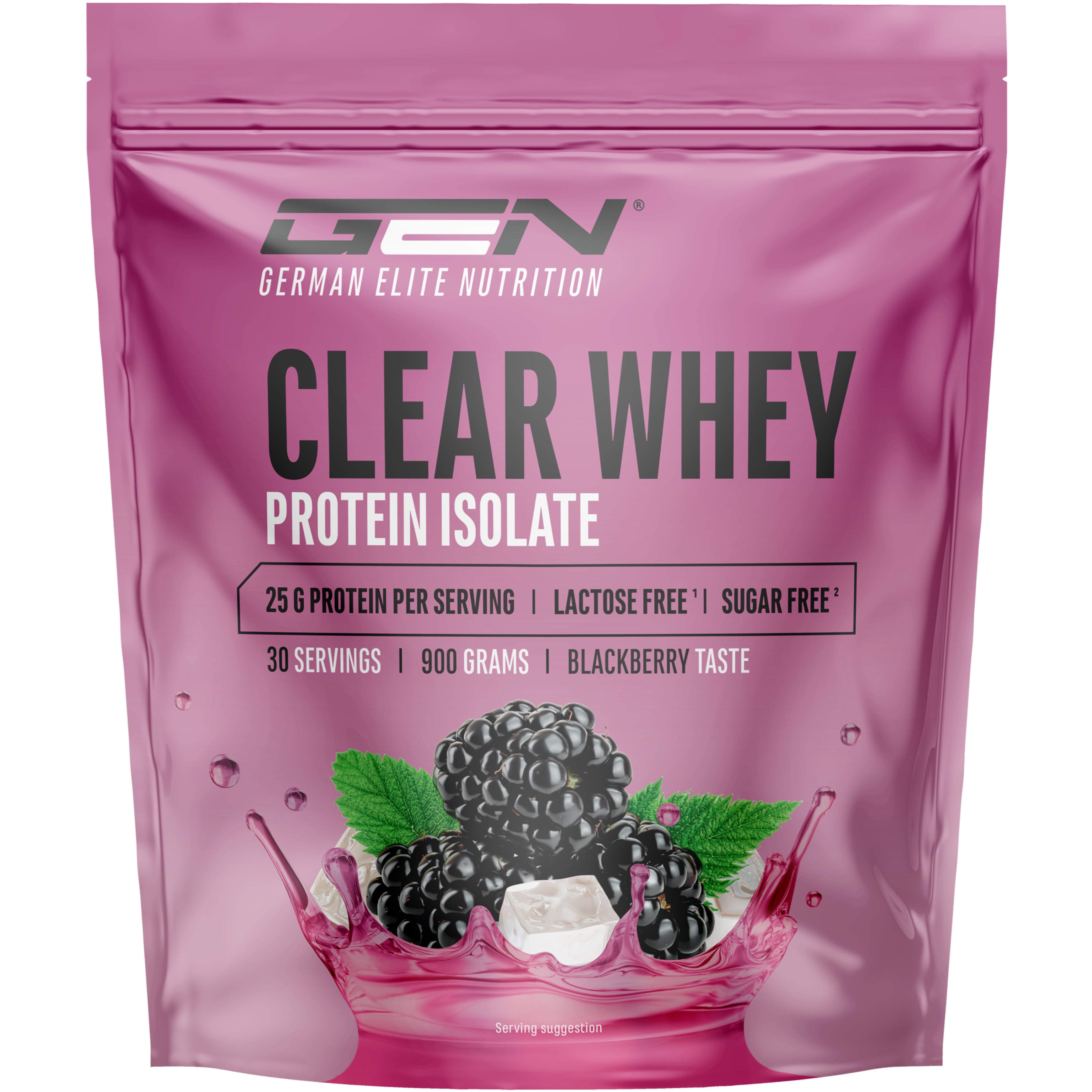 GEN Clear Whey Protein Isolat. Rosa Beutel mit Produktinformationen, Brombeeren und Eiswürfeln. Text: Clear Whey, 25g Protein, 30 Portionen.