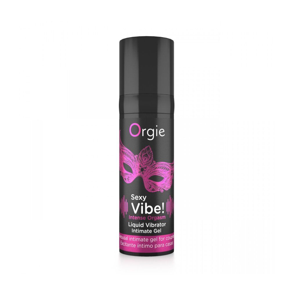 Orgies Sexy Vibe! Intense Orgasm. Schwarze Flasche mit pinkfarbenem Etikett und Masken-Design. Produktname und Marke sichtbar.