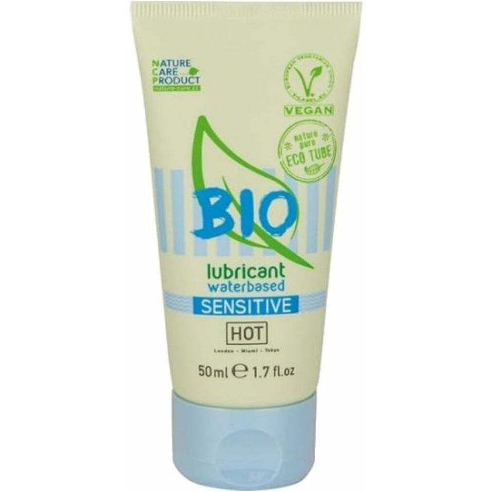 Tube BIO-Gleitmittel, sensitive, waterbased. Grün-weißes Design, blauer Verschluss. Vegan-Siegel, 50ml.