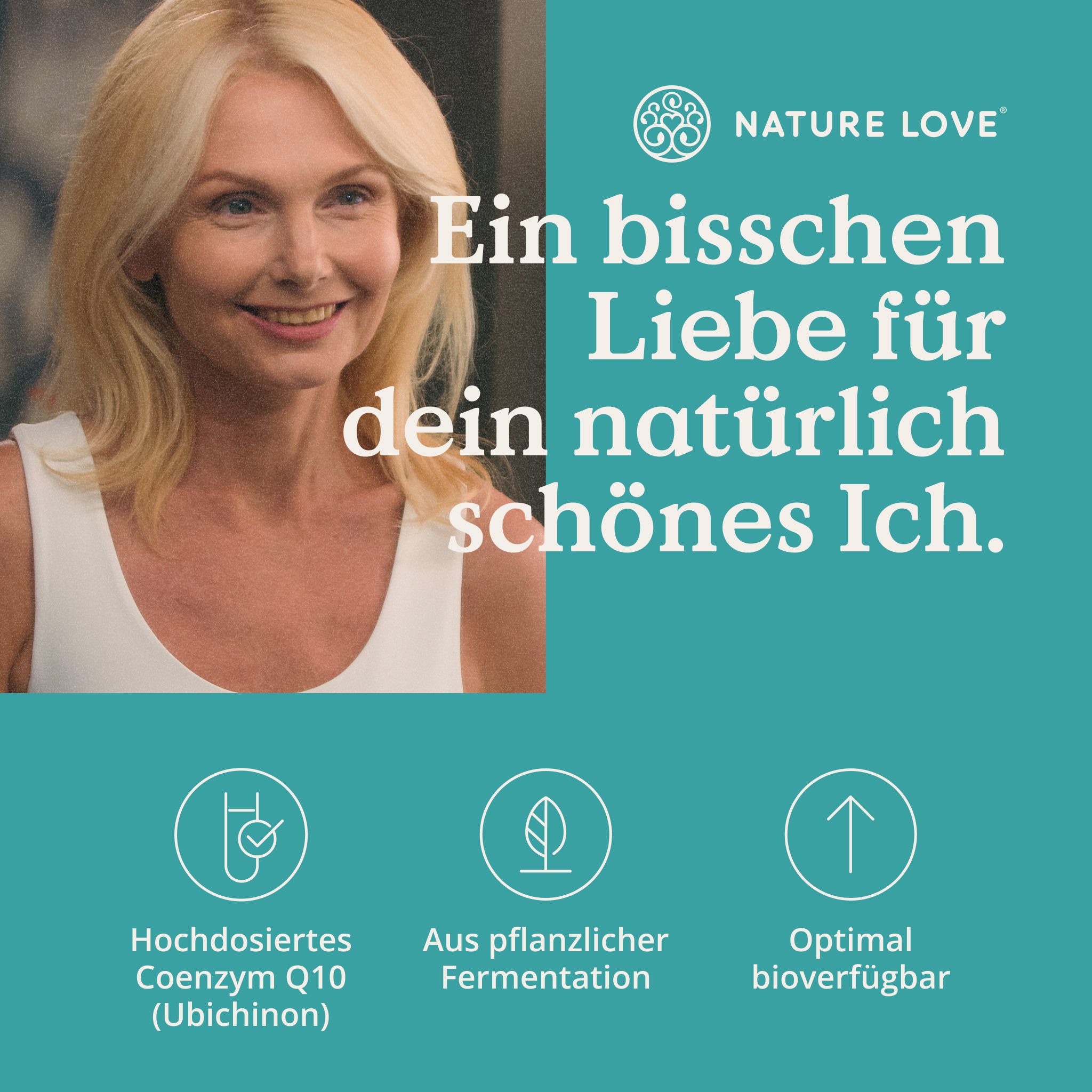 Frau lächelt, daneben Text und Icons: Hochdosiertes Coenzym Q10, pflanzliche Fermentation, bioverfügbar.