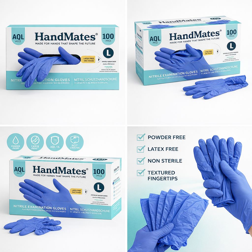 Blauwe Handschuhe, aus der Verpackung entnommen. Handschuhe sind puderfrei, latexfrei, unsteril und haben strukturierte Fingerspitzen. Verpackung mit Aufschrift HandMates.
