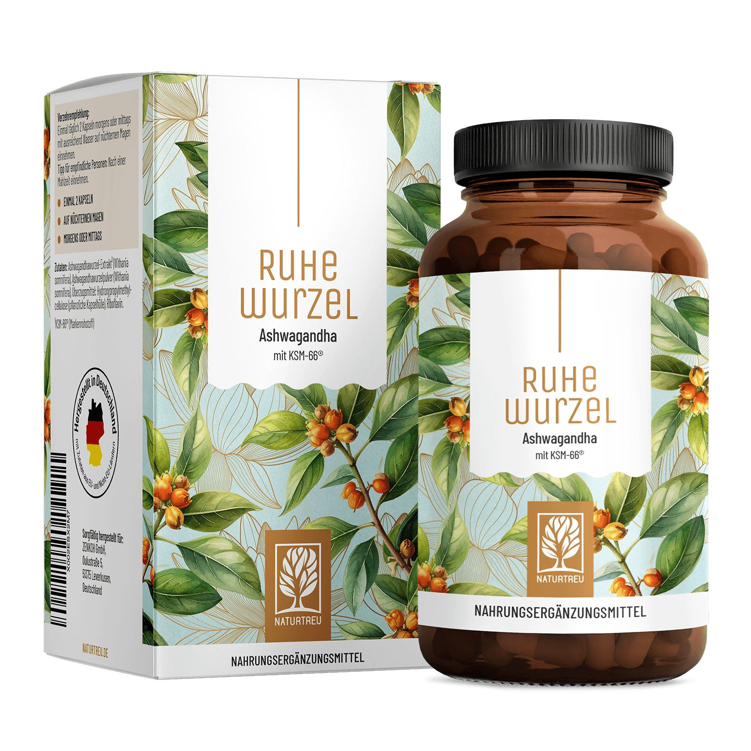 Verpackung und Flasche Ashwagandha KSM-66® von RUHEWURZEL NATURTREU® mit Pflanzenmotiv.