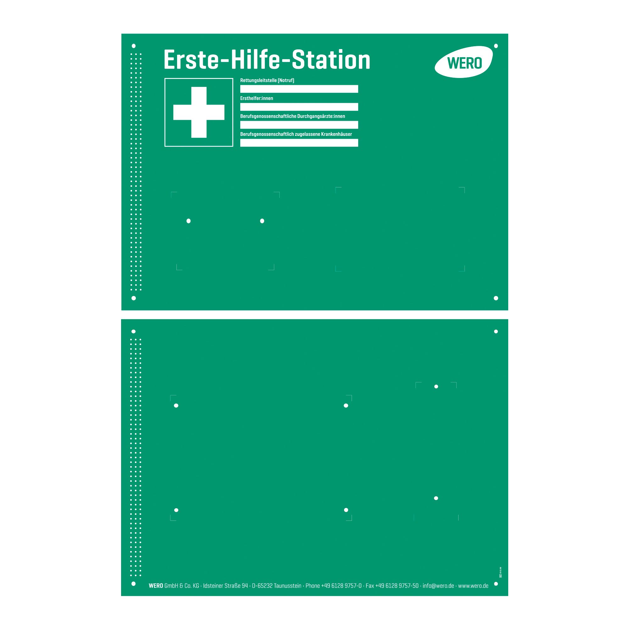 Grüne Erste-Hilfe-Station mit weißem Kreuz und Text. Oben links steht "Erste-Hilfe-Station". Logo "WERO" rechts oben. Leere Felder für Notizen.