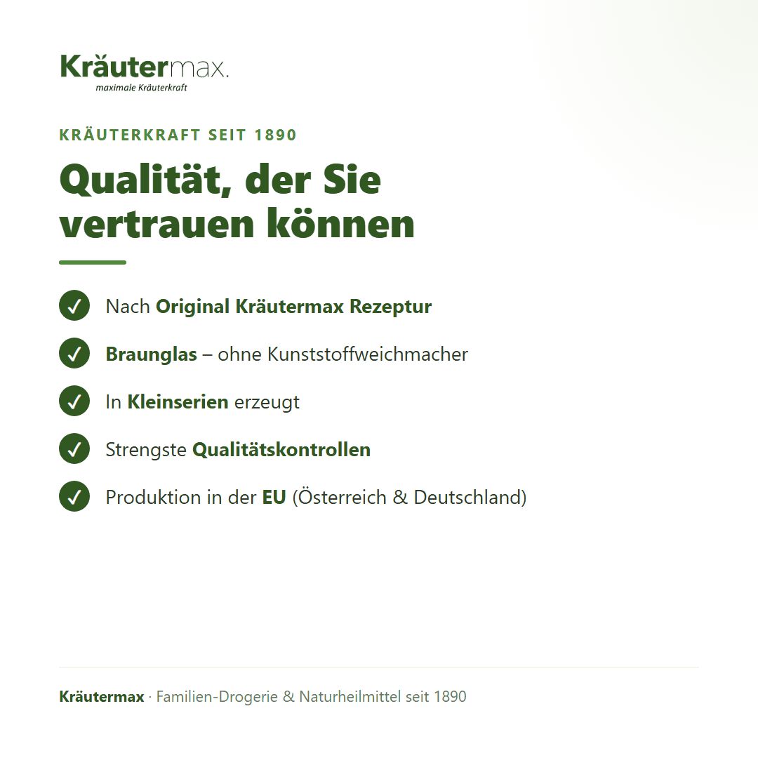 Qualitätsmerkmale: Nach Originalrezept, Braunglas, Kleinserien, Qualitätskontrollen, EU-Produktion.