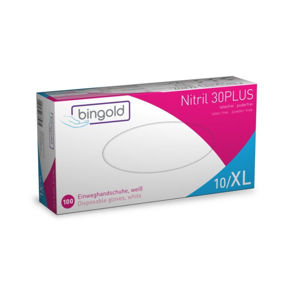 Verpackung von Bingold Nitril 30PLUS Handschuhen. Weiße Handschuhe, latex- und puderfrei. Größe XL, Packung mit 100 Stück.