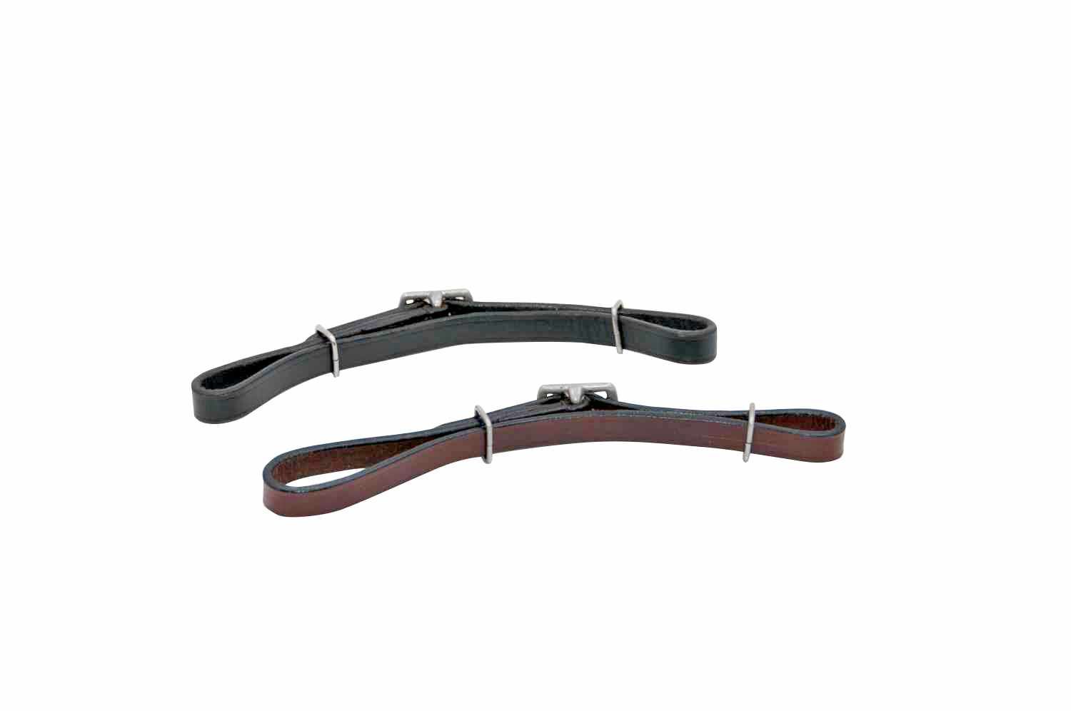 Zwei Kinnriemen aus Leder. Einer braun, einer schwarz. Metallverschlüsse und Ringe.