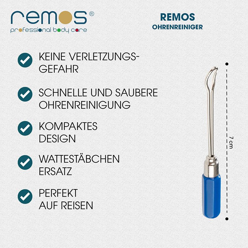 REMO Ohrreiniger mit blauem Griff, 7 cm lang, für hygienische Ohrenreinigung.