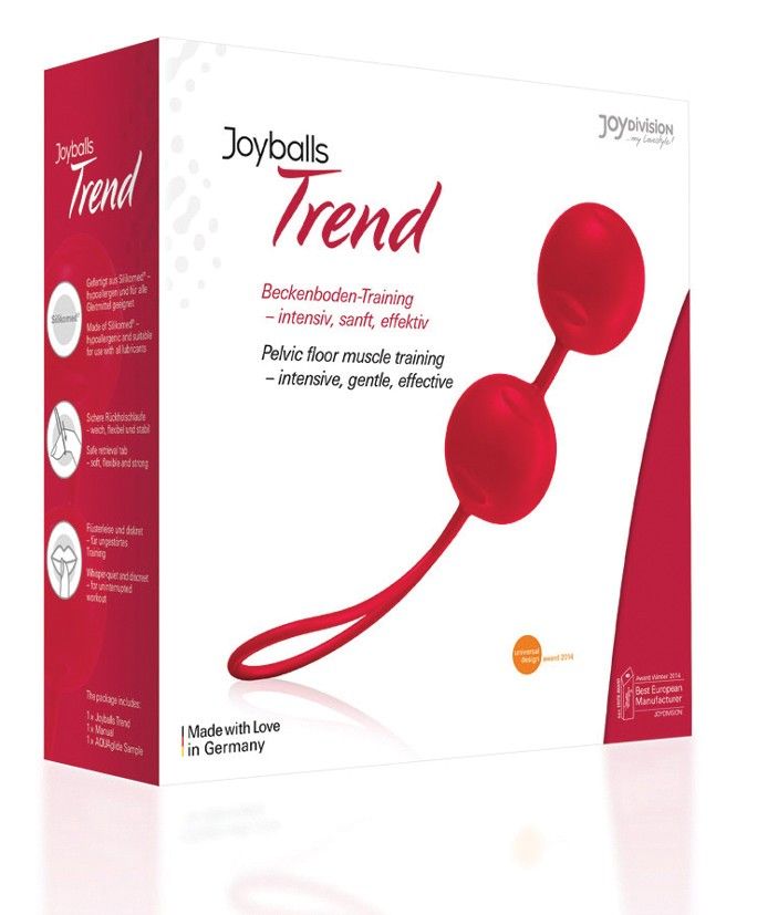 Verpackung von Joyballs® Trend rot. Rote Kugeln mit roter Schnur. Text: Beckenboden-Training, Made with Love in Germany.