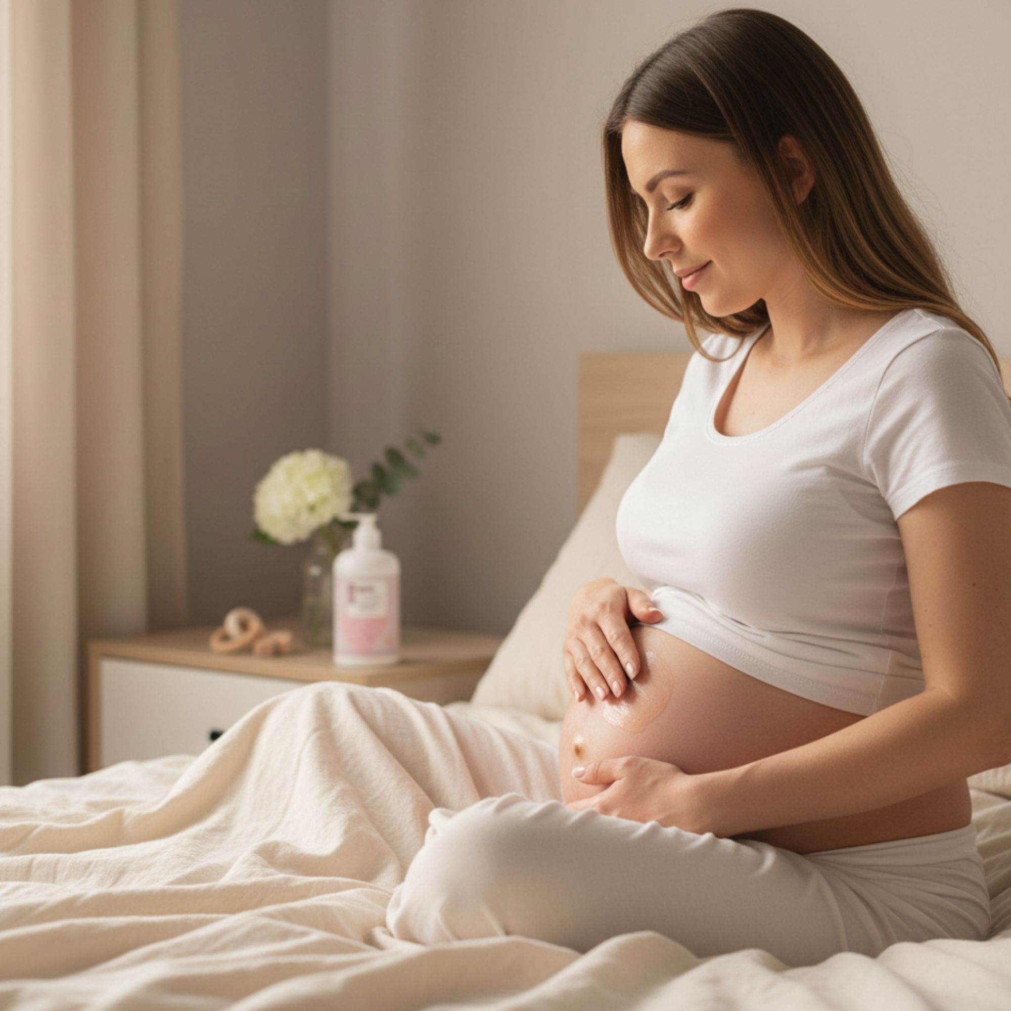 Frau sitzt auf Bett, hält Bauch. Neben ihr steht eine Flasche mit Pumpe, Aufschrift "MAMA".