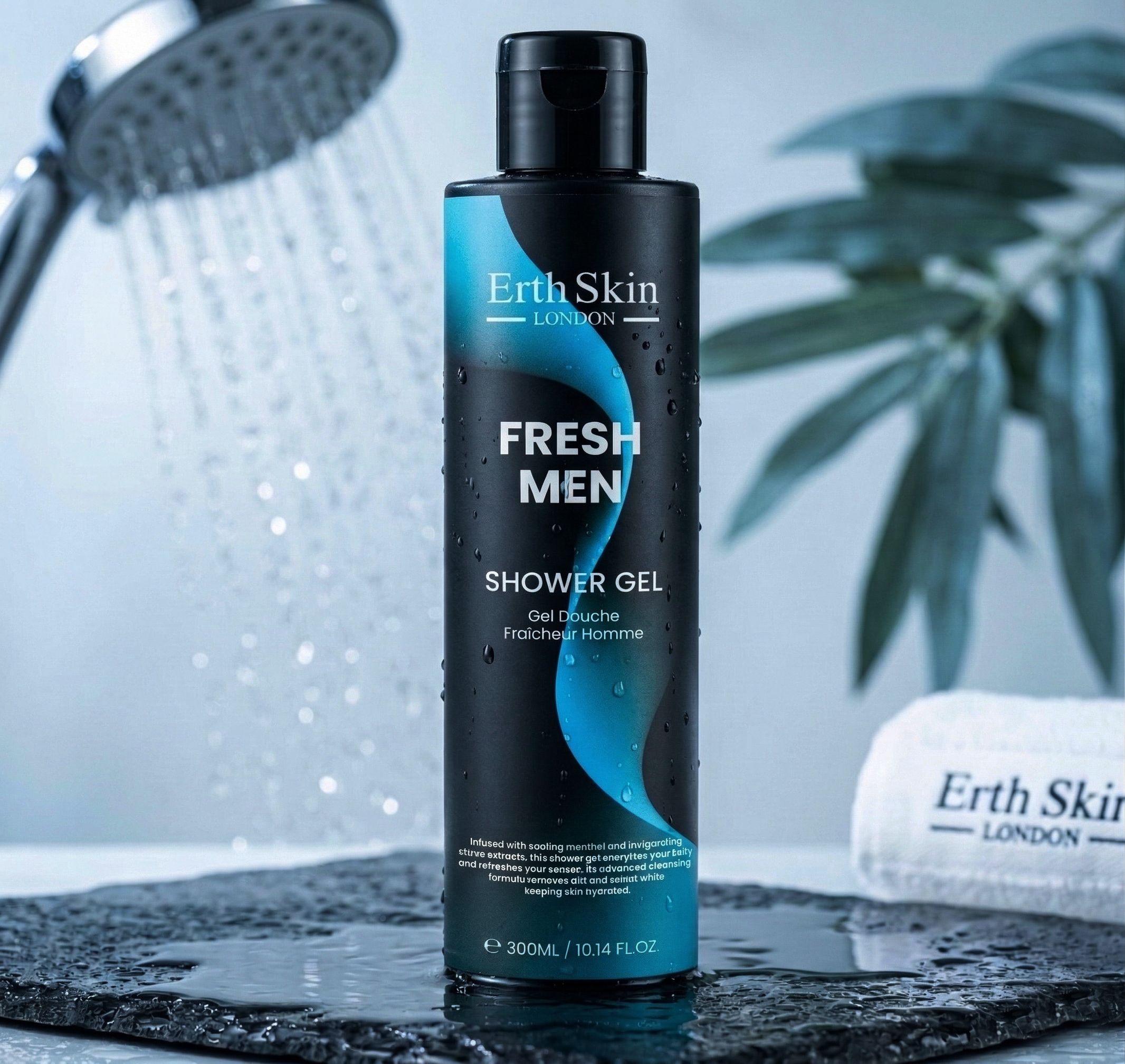 ErthSkin London Fresh Men Duschgel in schwarzer Flasche mit blauem Design.