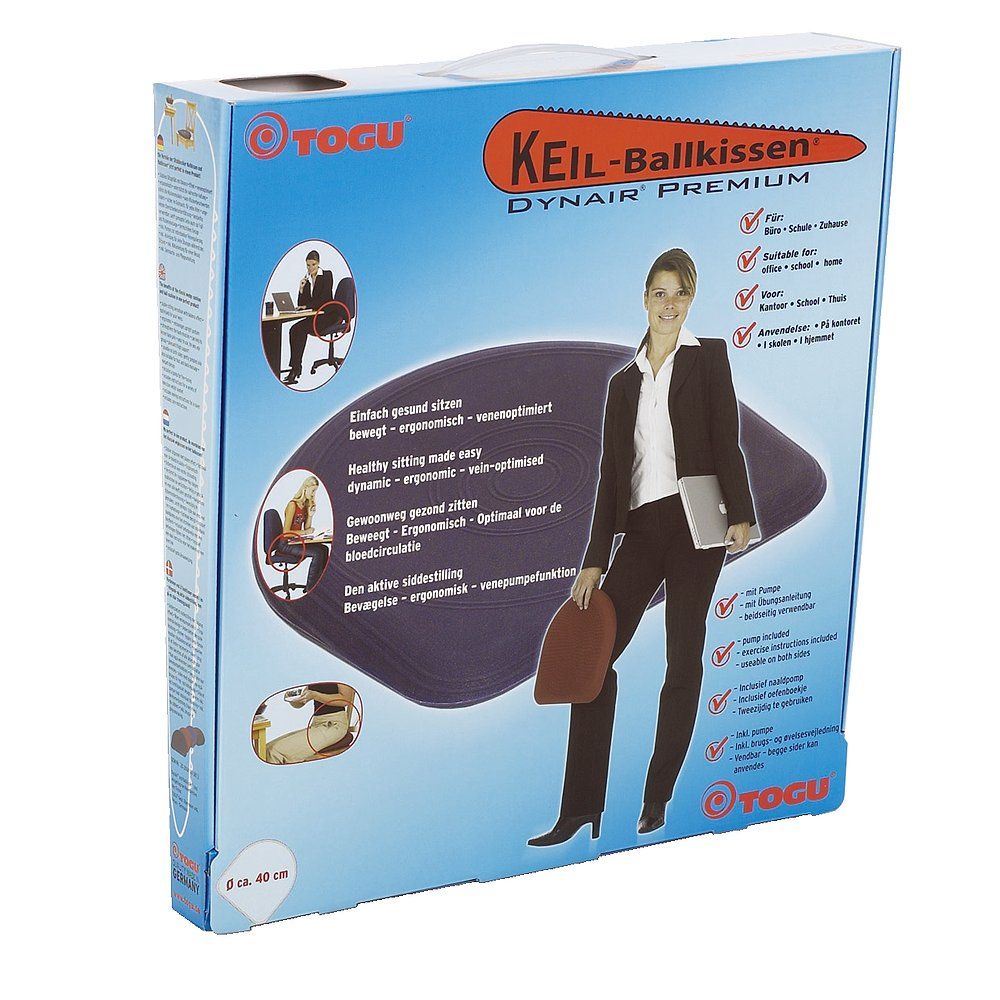 Produktverpackung mit Produktabbildung und Text. Marke TOGU, Produktname KEIL-Ballkissen. Abbildungen von Personen im Büro und zu Hause.