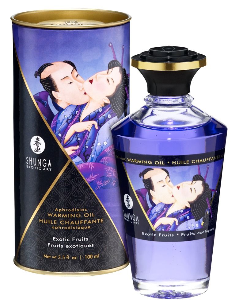 Flasche und Dose mit Shunga Massageöl. Aufschrift: Exotic Fruits, aphrodisiac. Abbildung eines küssenden Paares.