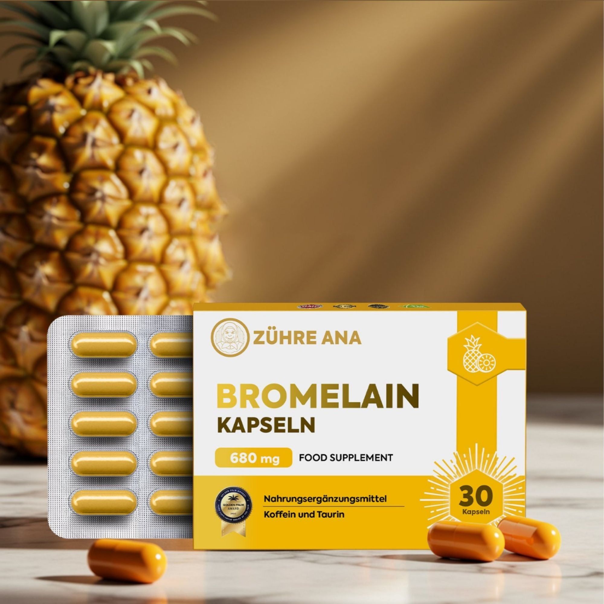 Zühre Ana Bromelain Kapseln im Blisterpack neben einer Packung und einer Ananas.
