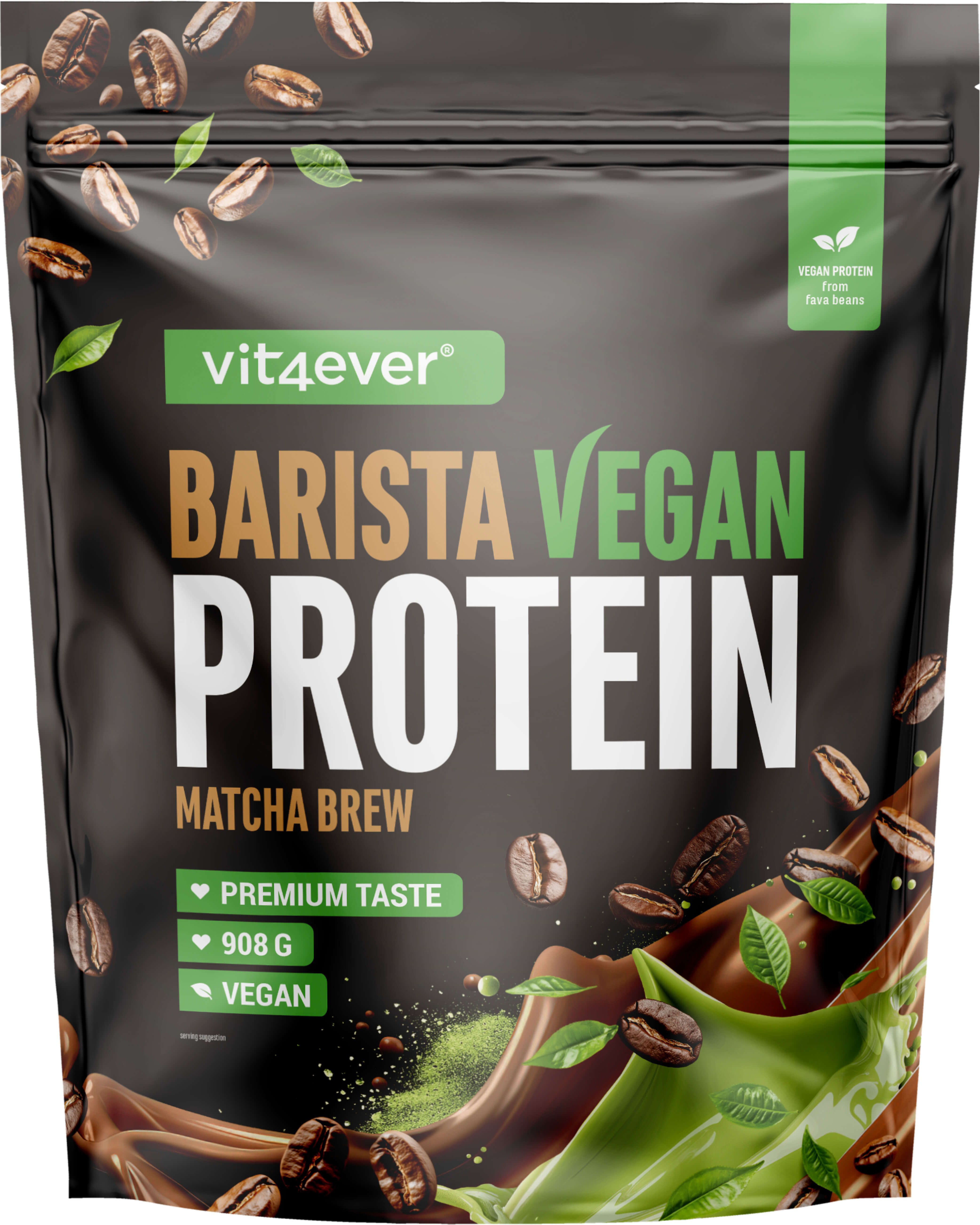 Schwarze Verpackung mit "vit4ever Barista Vegan Protein Matcha Brew". Enthält Kaffeebohnen und grüne Blätter. Vegan Protein.