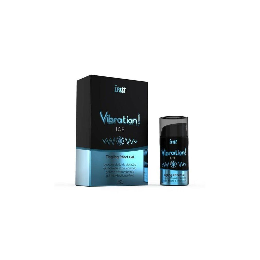 Schwarze Schachtel und Flasche. Aufschrift: INTT Vibration! ICE. Tingling Effect Gel. Mehrsprachiger Text. Schneeflocken-Symbol.