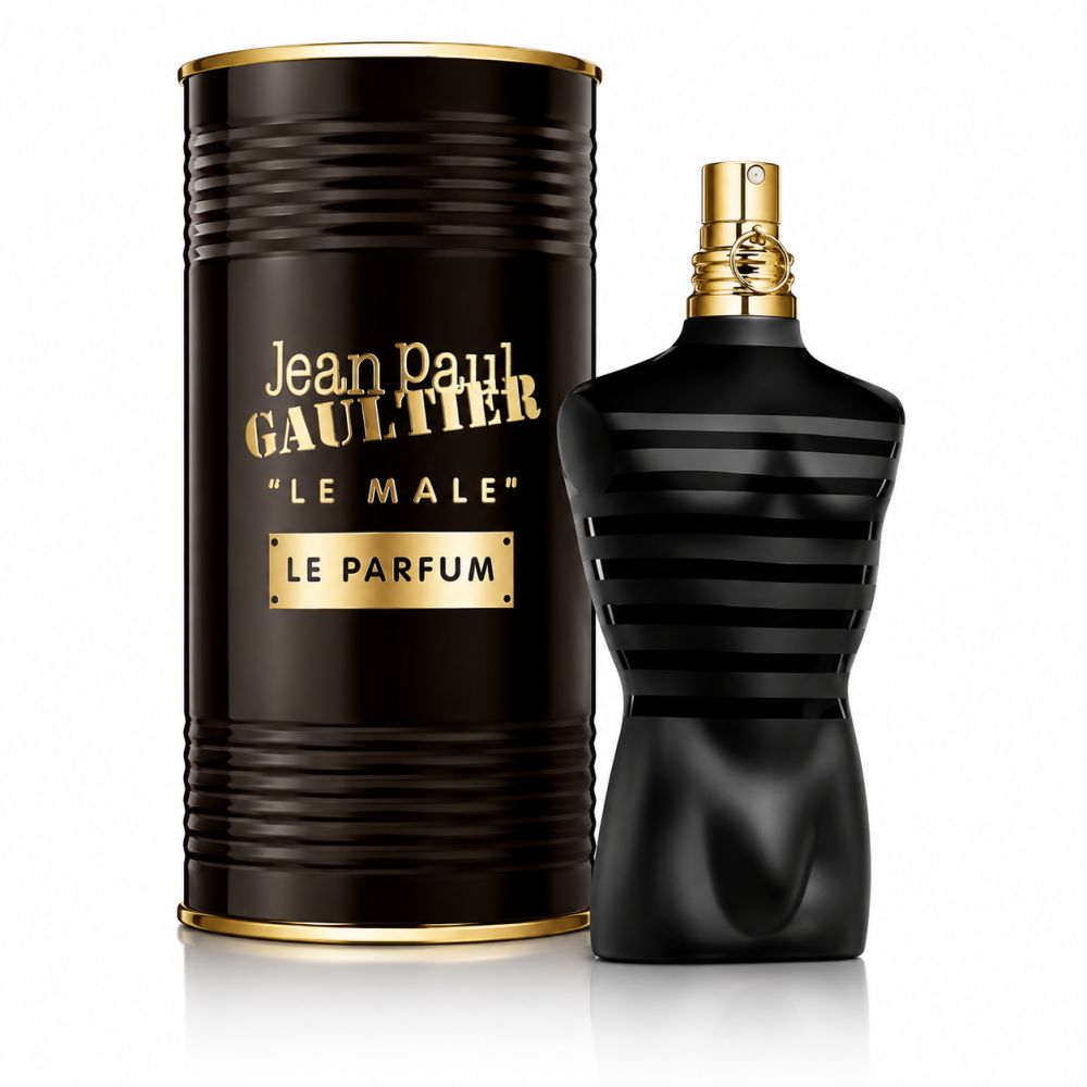 Jean Paul Gaultier Le Male Le Parfum Flakon und Dose. Schwarzer Torso-Flakon mit Streifen, schwarze Dose mit goldener Schrift.