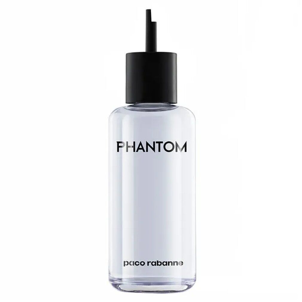Klarer Flakon mit schwarzem Verschluss. Aufschrift "PHANTOM" und "paco rabanne".