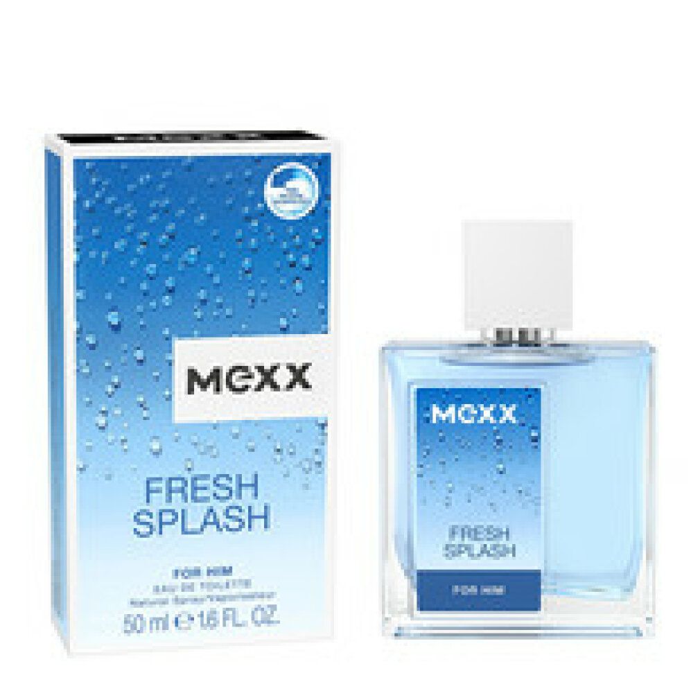 Flakon und Verpackung. Flakon quadratisch, blau. Verpackung blau, rechteckig. Aufschrift: MEXX, Fresh Splash, For Him.