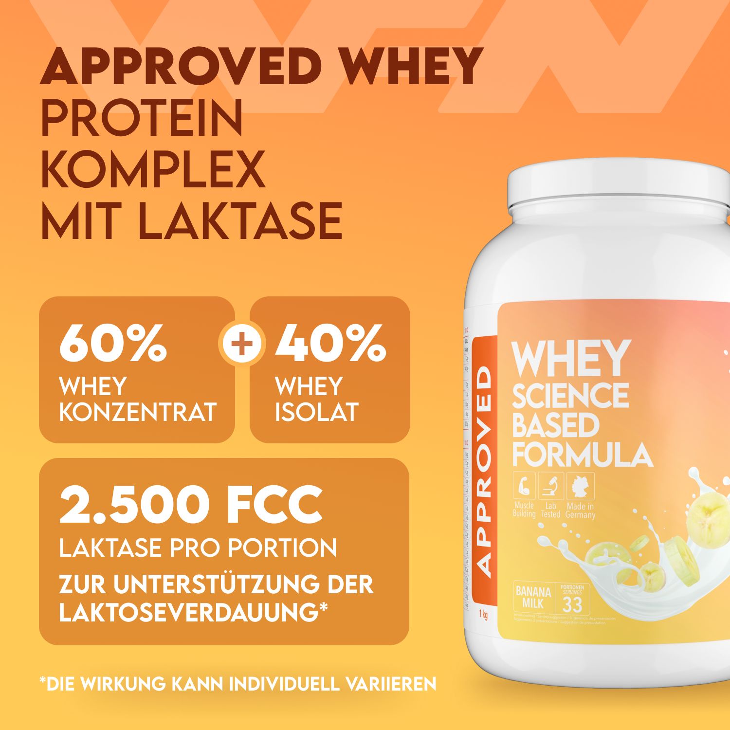 Weißes Whey-Proteinpulver-Behälter. Aufschrift: APPROVED, WHEY SCIENCE BASED FORMULA. Enthält 60% Whey-Konzentrat und 40% Whey-Isolat.