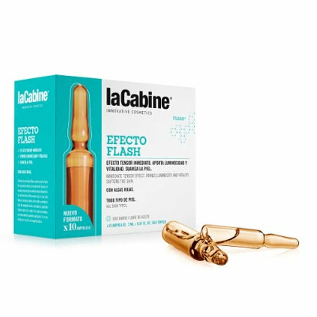 Produktverpackung mit Ampulle. Aufschrift 'laCabine' und 'EFECTO FLASH'. Zwei Ampullen liegen daneben.