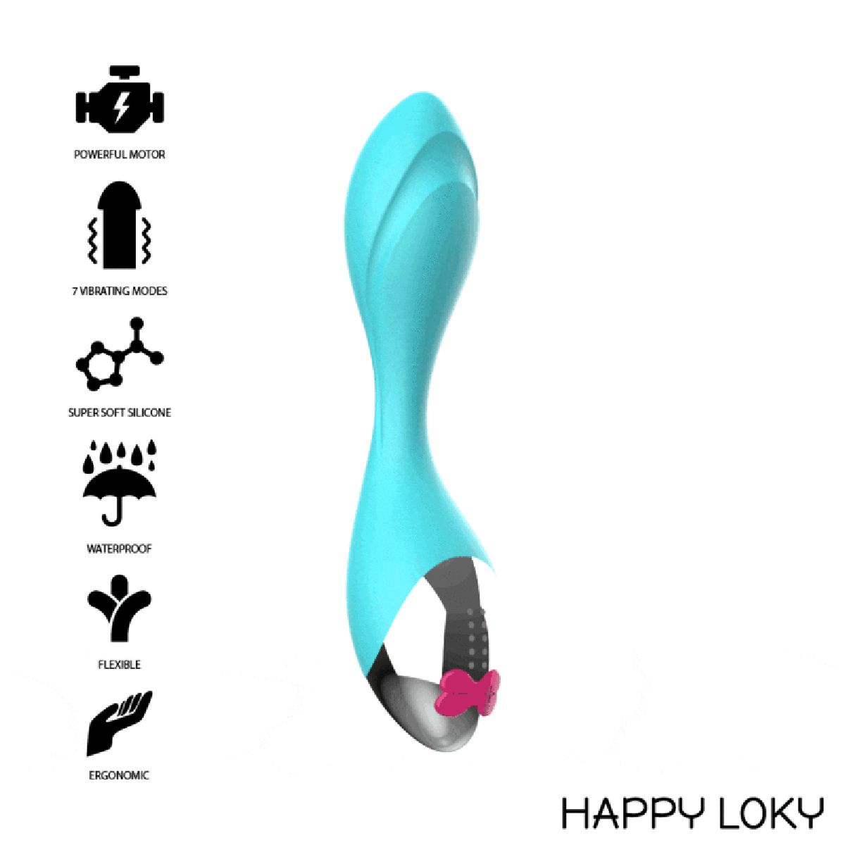 Türkisfarbener Vibrator mit silberfarbenem Kopf und pinkfarbenem Bedienfeld. Logos zeigen Eigenschaften: Motor, Modi, Silikon, wasserdicht, flexibel, ergonomisch.