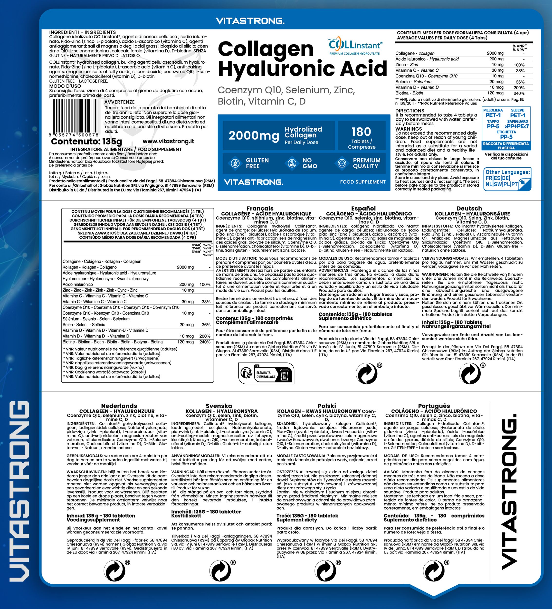 Produktverpackung mit Informationen zu Inhaltsstoffen und Nährwerten. Mehrsprachig.