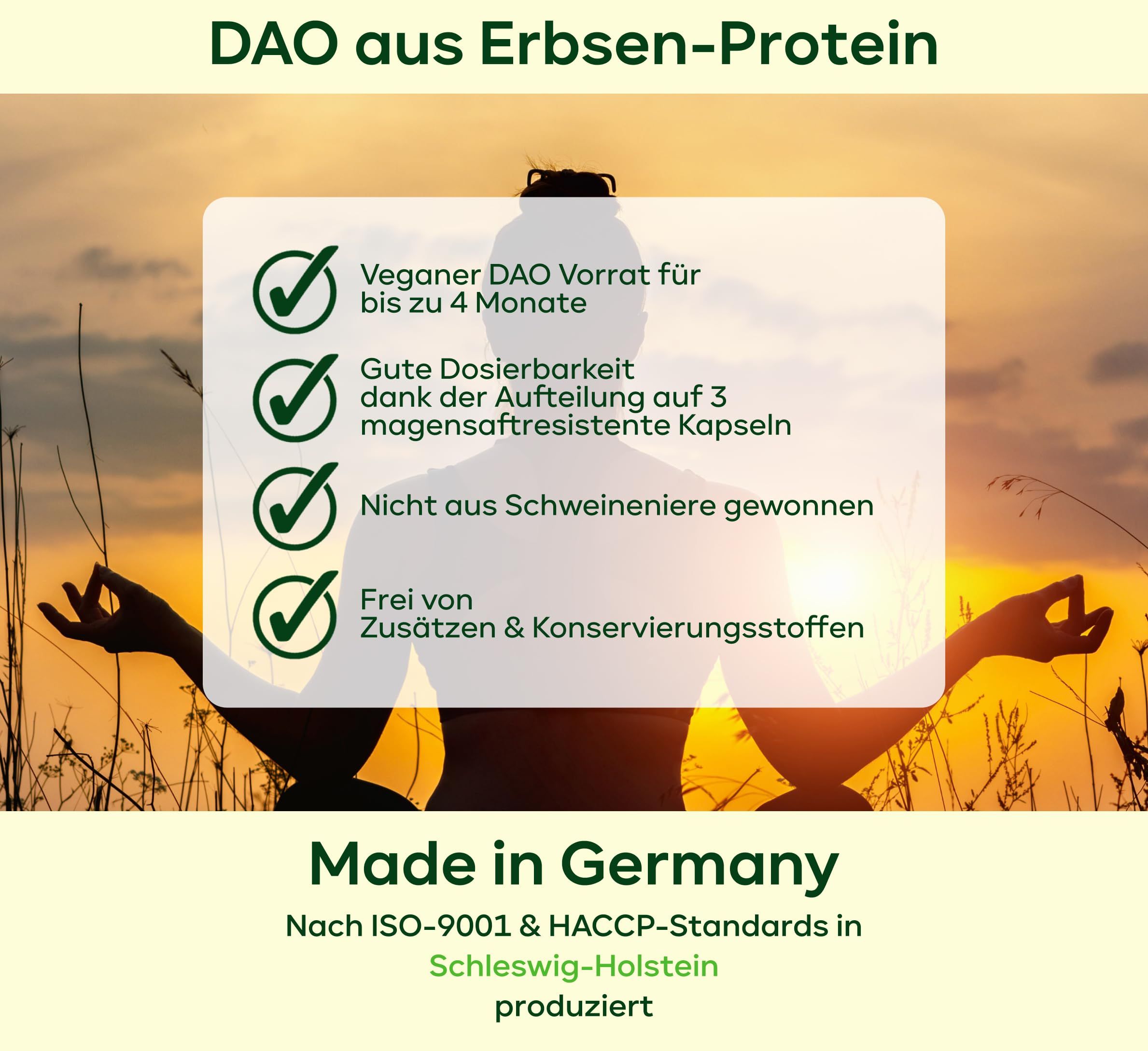 Text mit grünen Häkchen. Veganer DAO-Vorrat für bis zu 4 Monate. Gute Dosierbarkeit. Nicht aus Schweineniere gewonnen. Frei von Zusätzen.