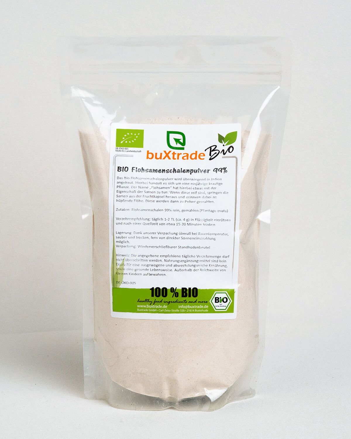 Standbodenbeutel mit Bio Flohsamenschalenpulver. Enthält Bio-Siegel und Produktinformationen.