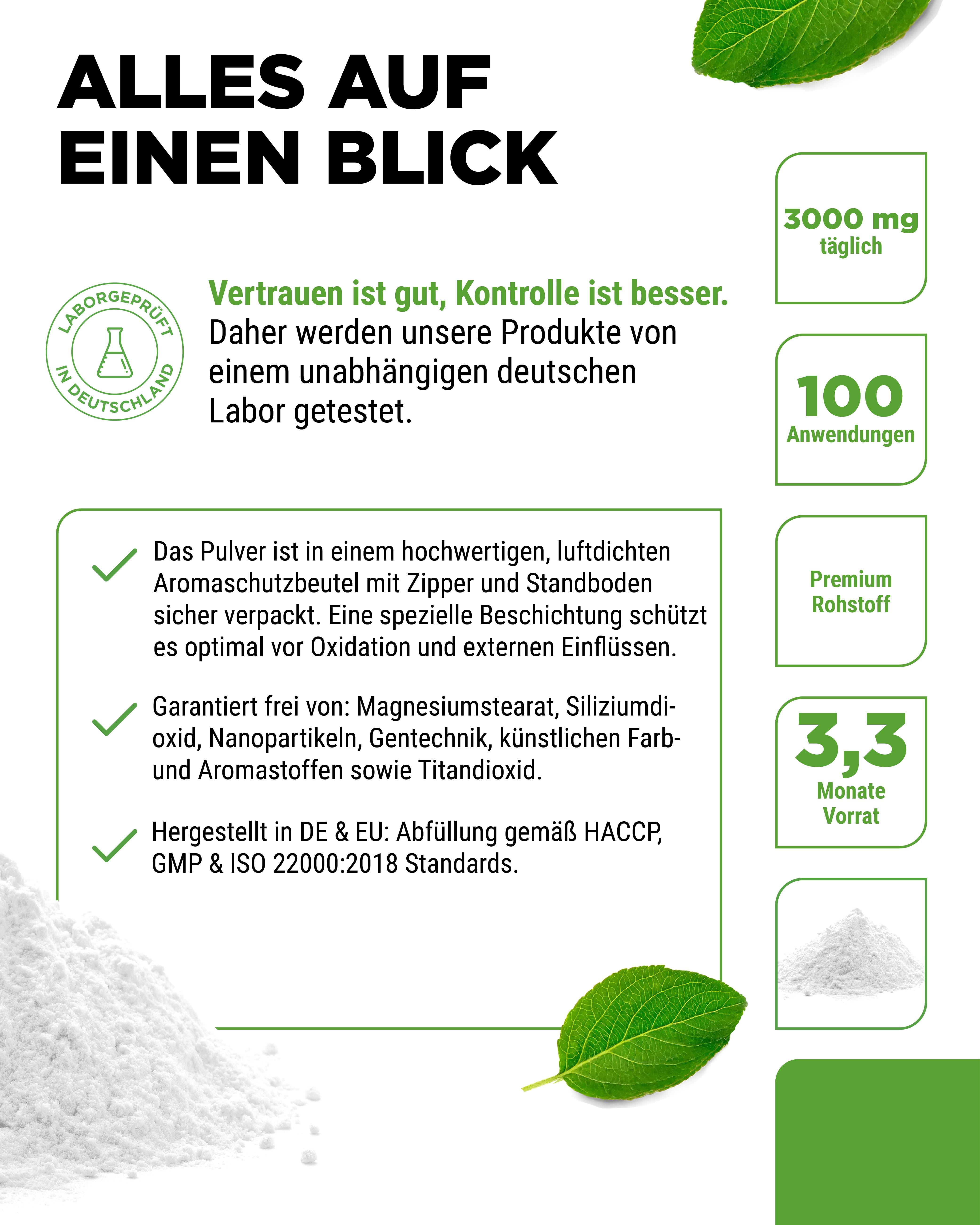 Produktbeutel mit weißem Pulver. Aufschrift: L-Carnitin Pure, 100% vegan. Marke: vit4ever. Text: Alles auf einen Blick. Symbole: Laborgeprüft, 100 Anwendungen.