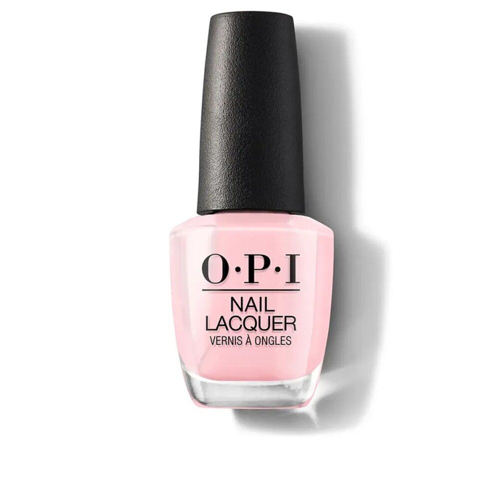 Nagellackflasche mit schwarzem Deckel. Rosa Lack. Marke: O.P.I. Text: Nail Lacquer, Vernis à Ongles.