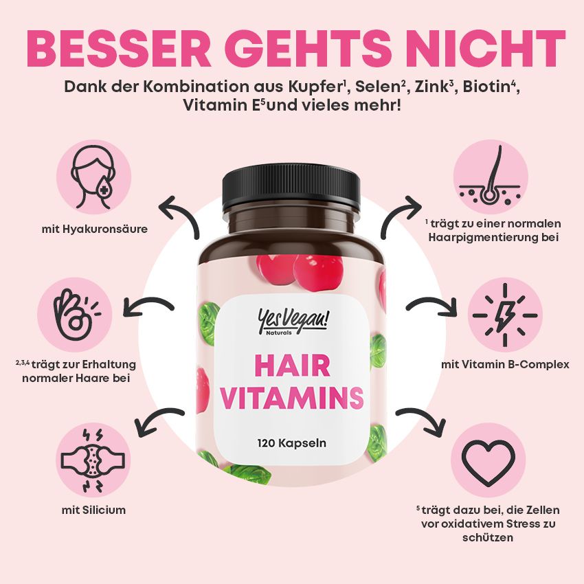 Braune Flasche mit Hair Vitamins, 120 Kapseln. Illustrationen mit Hyaluronsäure, Silicium, Vitamin B-Komplex, etc.