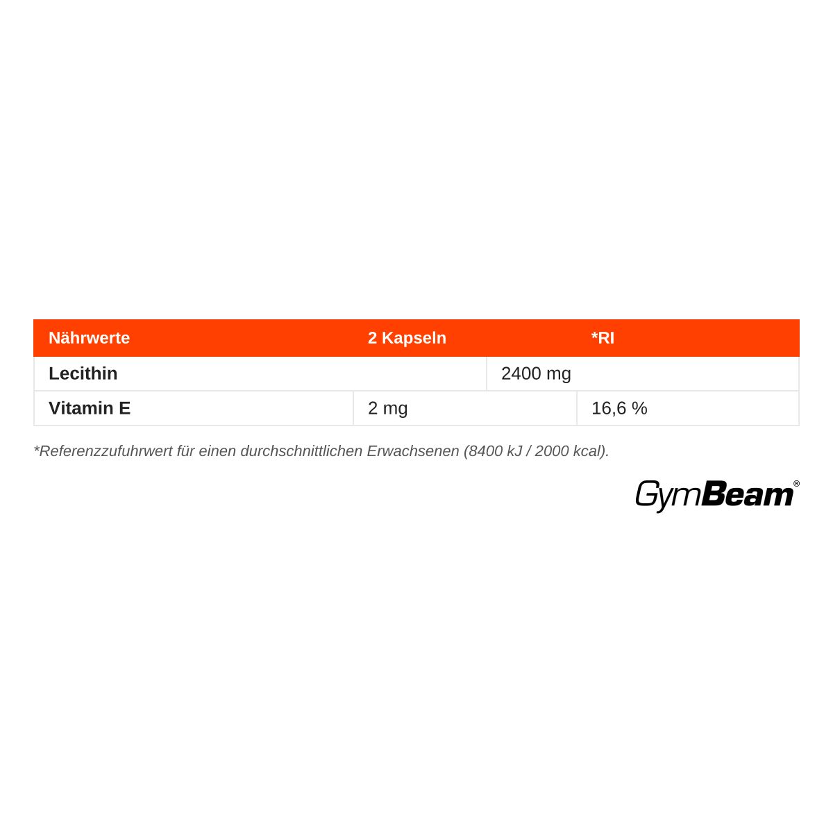 Nährwerttabelle für GymBeam Lecithin Kapseln: 2 Kapseln enthalten 2400 mg Lecithin und 2 mg Vitamin E.