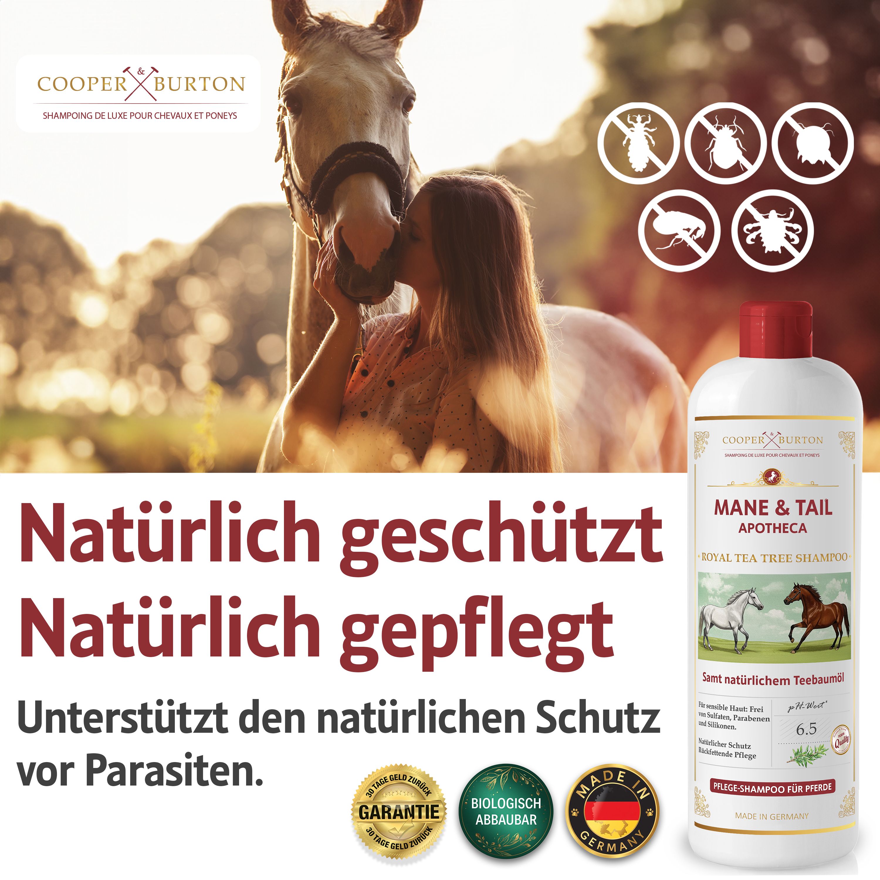 Pferd und Frau. Flasche: COOPER & BURTON Mane & Tail Apotheca Royal Tea Tree Shampoo. Natürlicher Schutz vor Parasiten. Garantie- und Made in Germany-Siegel.