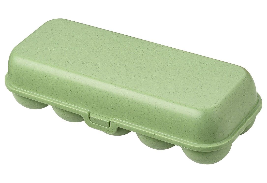 Grüne Eierbox mit Deckel und Schnappverschluss. Platz für sechs Eier. Aus Kunststoff.