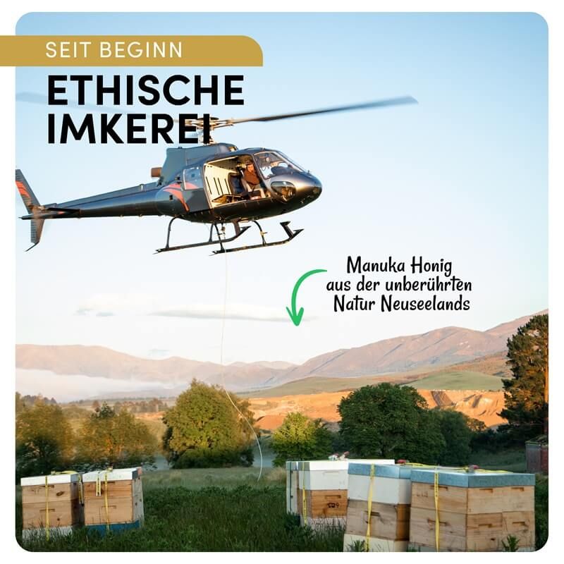 Hubschrauber über Bienenkästen. Text: "Ethische Imkerei". Text: "Manuka Honig aus der unberührten Natur Neuseelands".