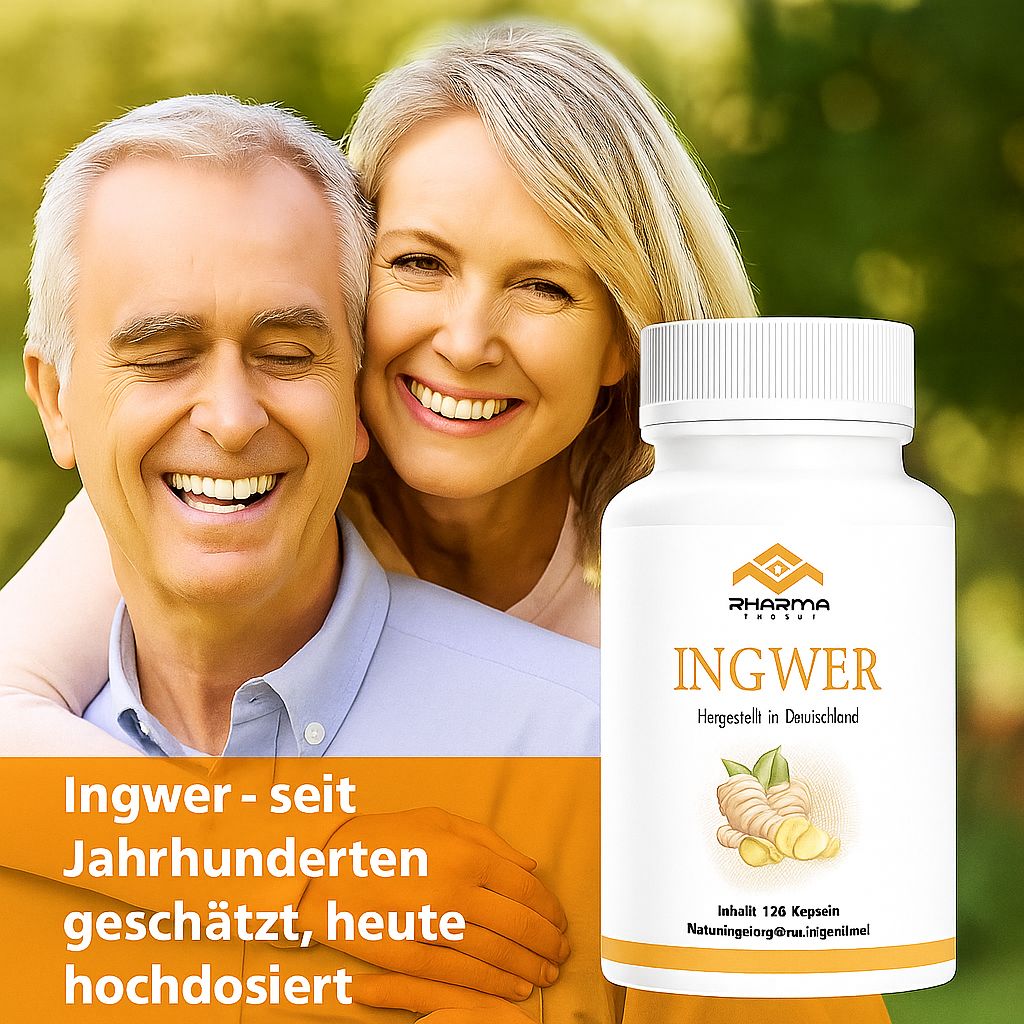 Älteres Paar lächelt. Daneben steht eine Flasche mit der Aufschrift INGWER. Logo: Pharma Health. Text: Ingwer - seit Jahrhunderten geschätzt.