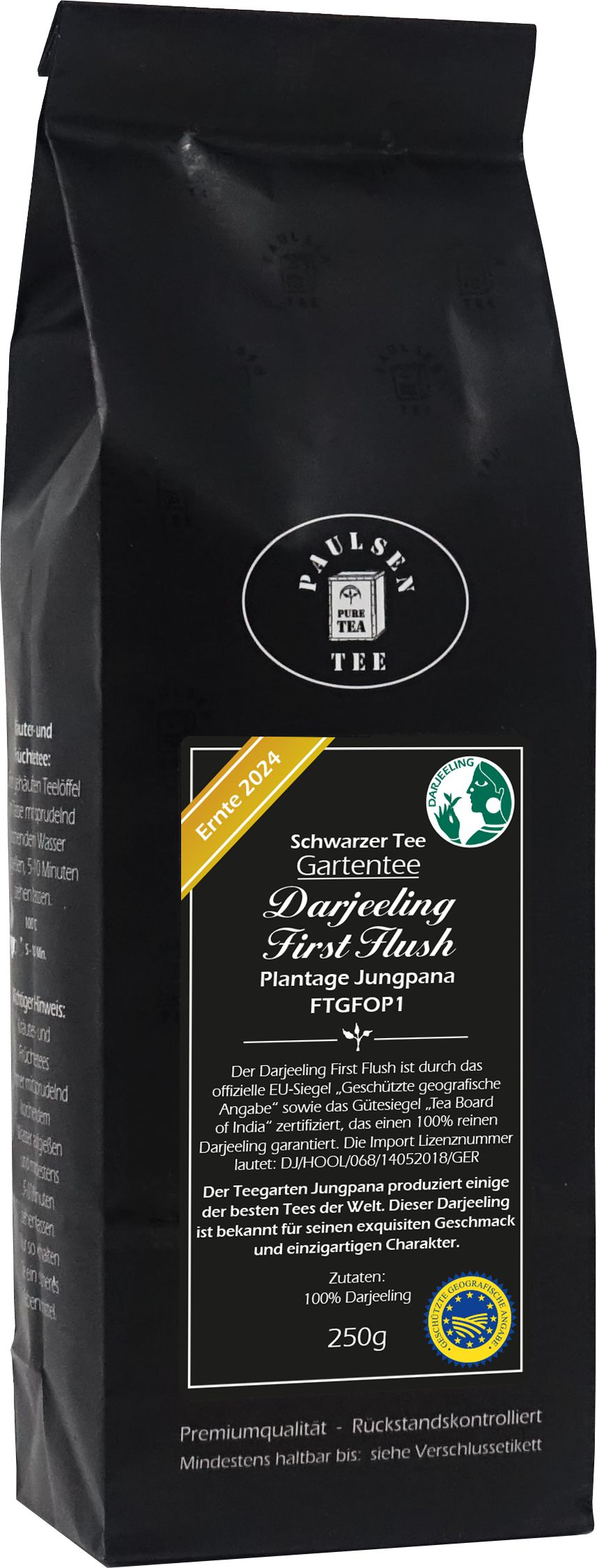 Schwarzer Tee-Packung mit Etikett. Text: Paulsen, Darjeeling First Flush FTGFOP1, Ernte 2024, Jungpana Plantage. Siegel.