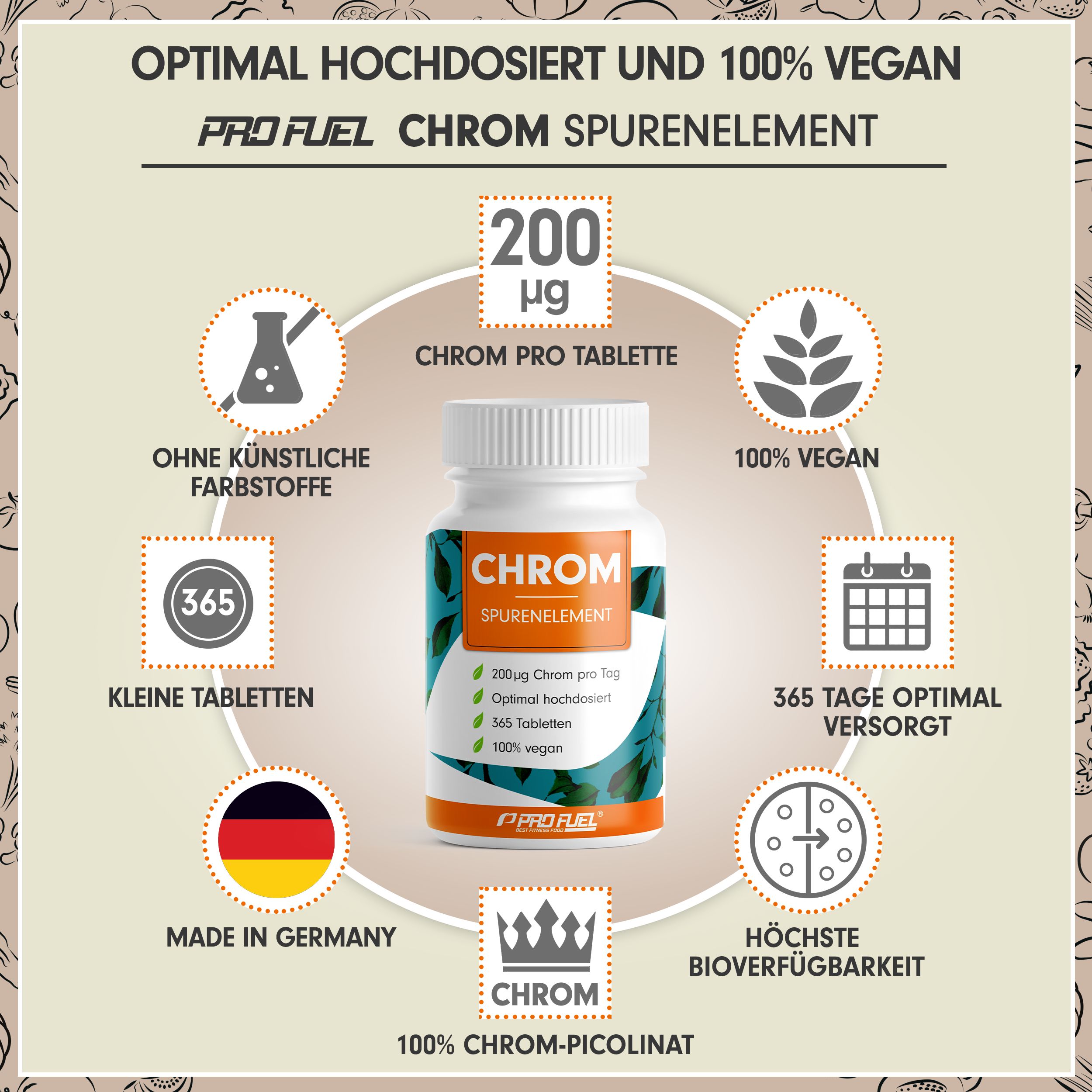 Weiße Flasche mit Chrom-Tabletten. Aufschrift: Chrom Spurenelement, 200 µg, 365 Tabletten, 100% vegan. Made in Germany.
